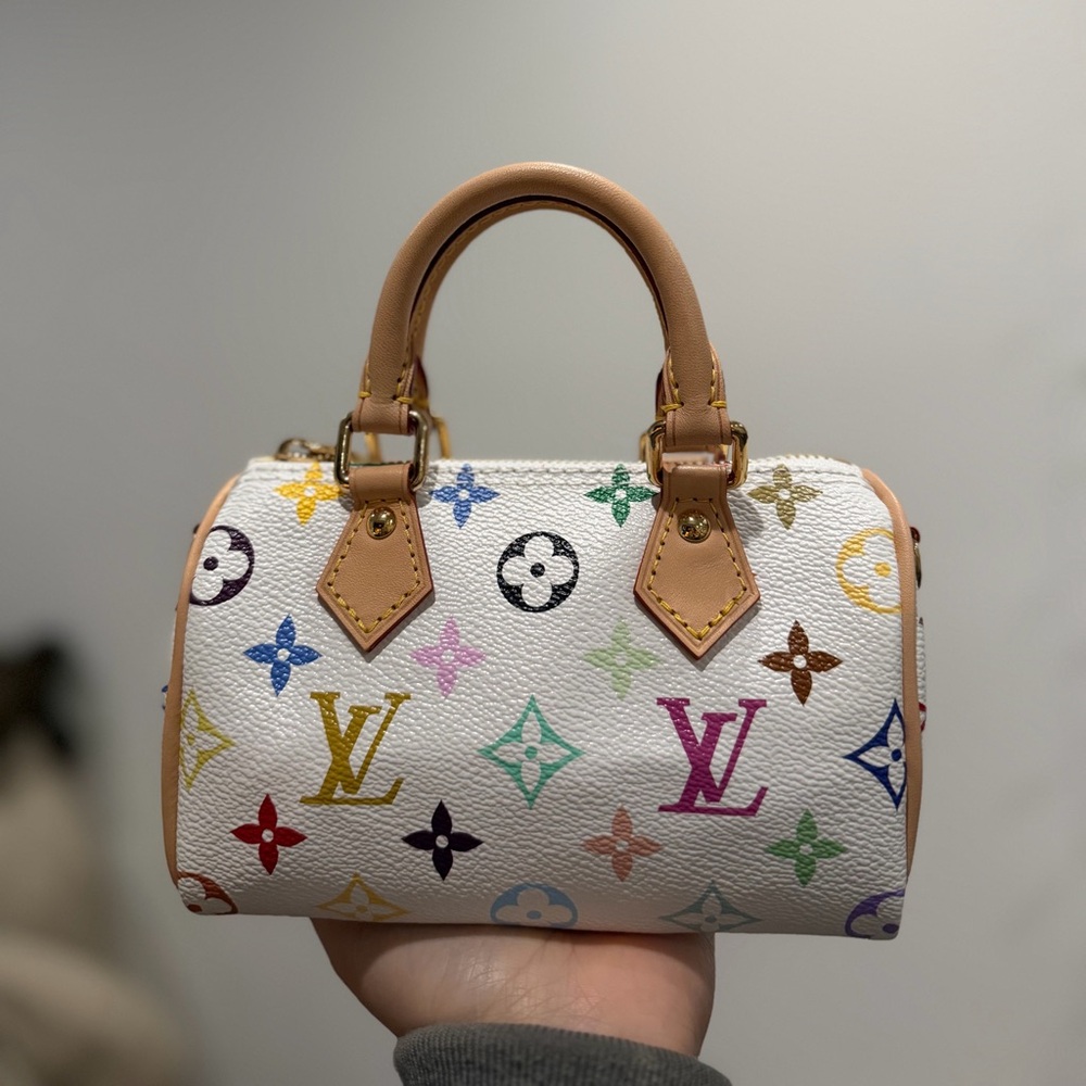 Louis Vuitton White Multicolor Monogram Satchel with Tan Handles